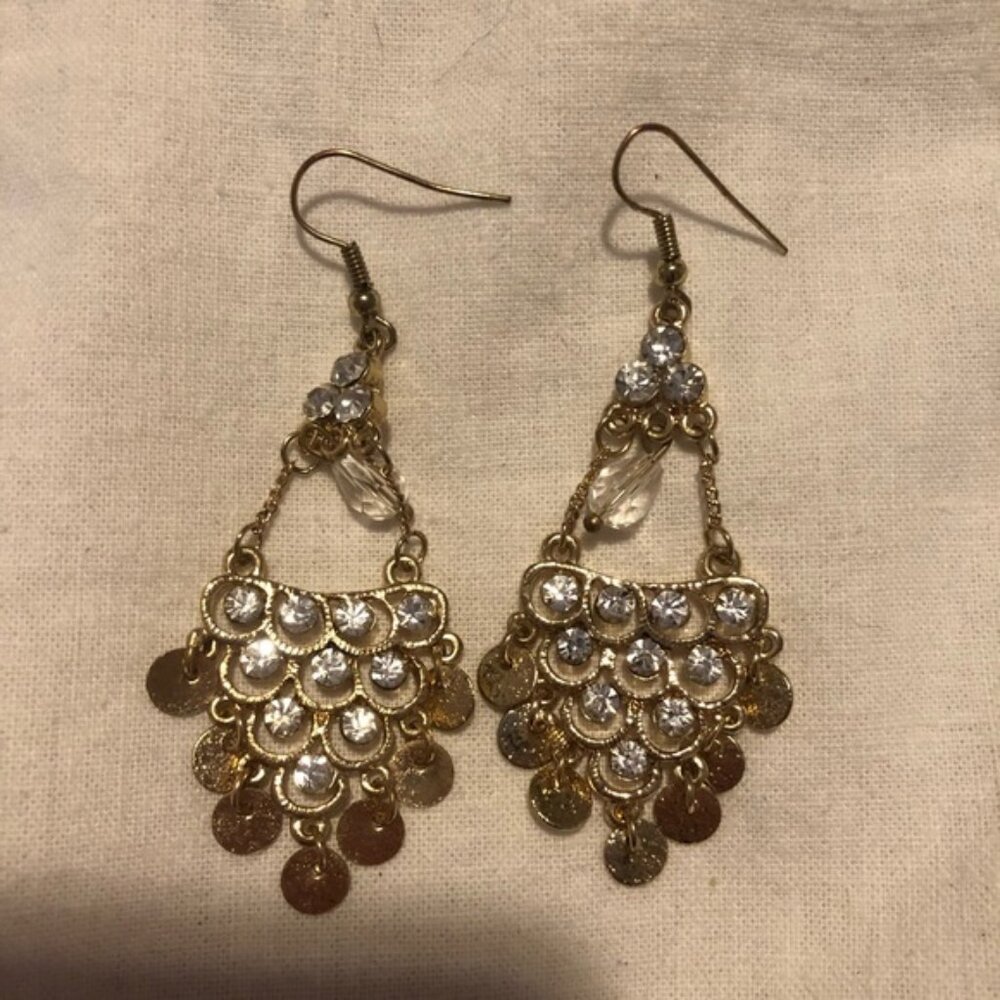 Gold Chandelier Earrings Diamante Rhinestone Glamorous Evening Dangly Costume
